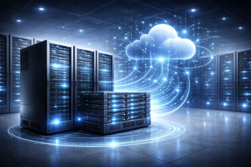 Hybrid-IT-System mit lokaler Serverhardware und Cloud-Anbindung - Serverinfrastruktur für Unternehmens-IT mit Cloud-Anbindung