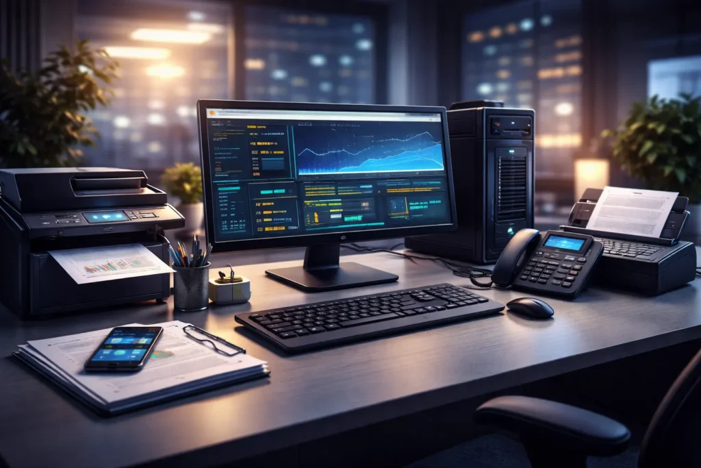 Modern ausgestatteter Büroarbeitsplatz mit Monitor, Drucker, Telefon und Arbeitsplatzrechner