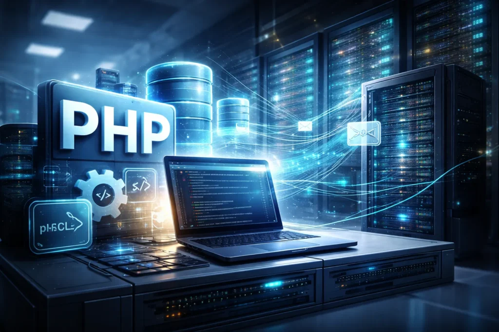 grosser_Server_und_Laptop_mit_PHP_Code_im_Serverraum