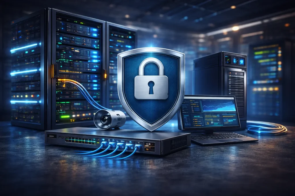 Serverrack, Netzwerkswitch und Sicherheitskomponenten in einer professionellen IT-Umgebung