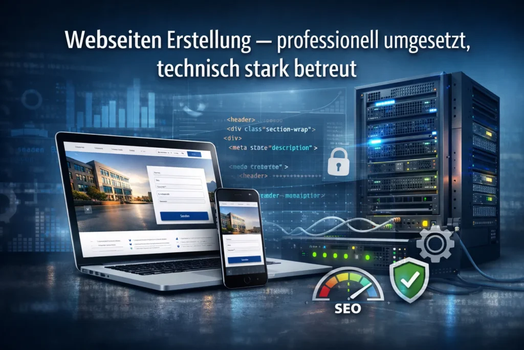 Webseiten Erstellung – professionell umgesetzt, technisch stark betreut mit Bild von Laptop, Handy und Server sowie SEO optimiert
