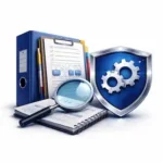 Technische Dokumentation mit Sicherheits- und Prüfsymbol im IT-Umfeld