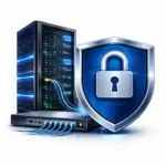 Serverrack mit Netzwerkswitch und Sicherheitskomponente als Symbol für Unternehmensinfrastruktur