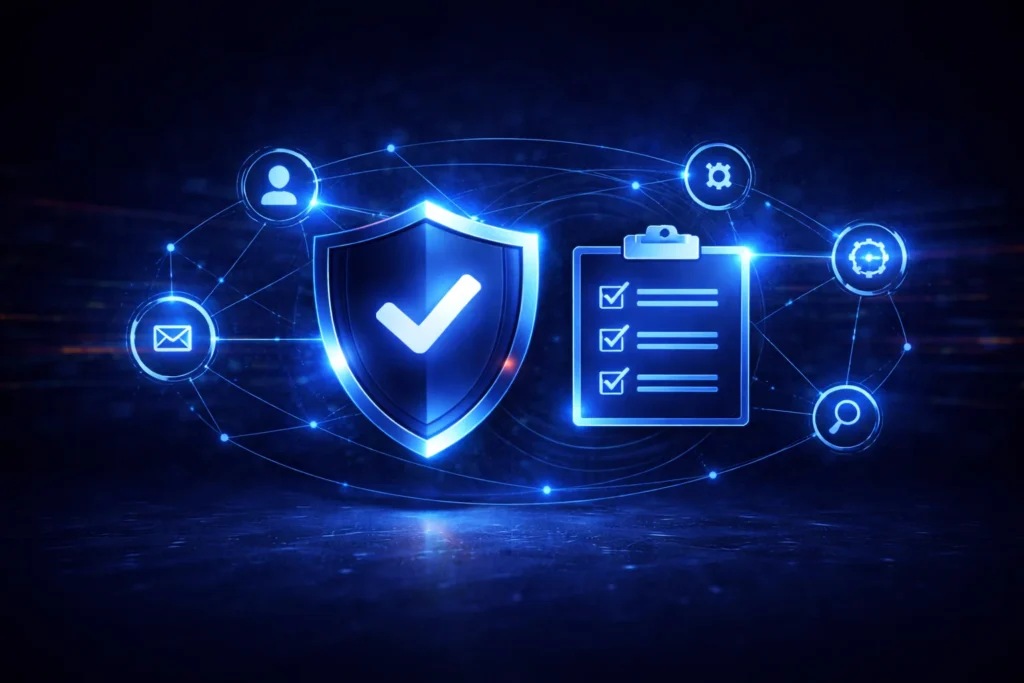 Die wichtigsten Sicherheits-Aspekte bei der Wiederherstellung: Administratoren & Rollen bereinigt, Passwörter/Keys erneuert sowie Updates & kritische Plugins geprüft.