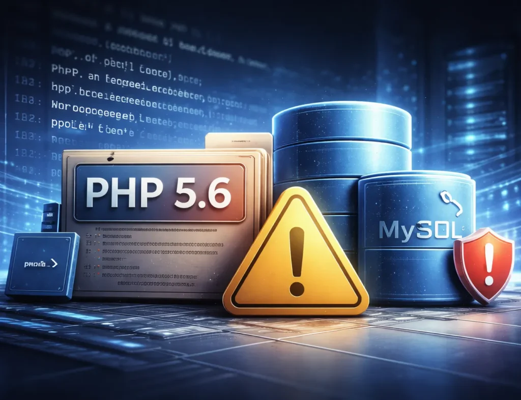 Veraltete PHP-Version und Datenbank mit Warnsymbol vor Serverhintergrund