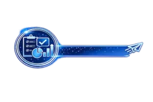 Viennaweb TechBlue Icon mit Berichtsauswertung, Checkliste, Diagramm und bestätigter Ergebnisrückmeldung