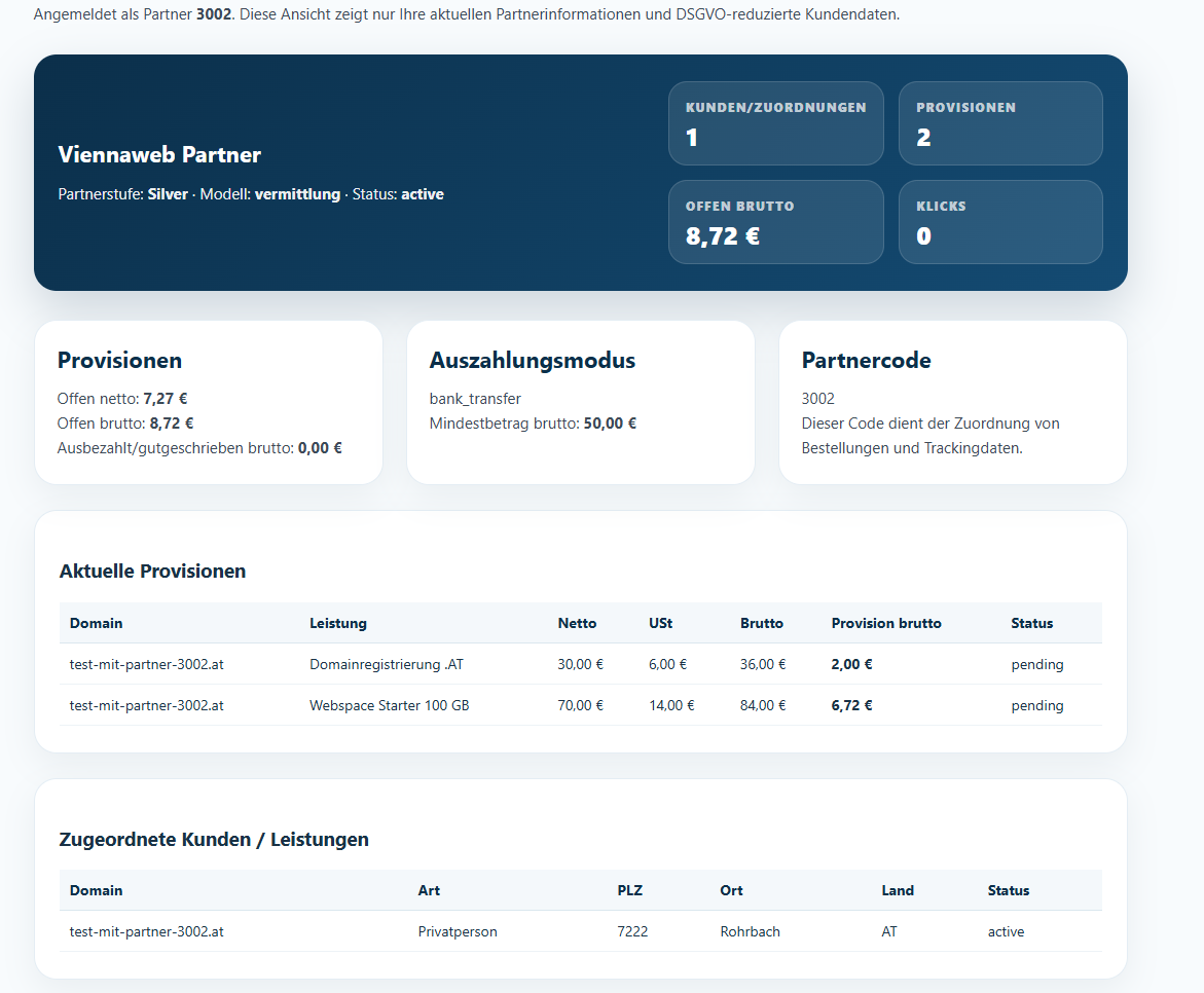 Beispiel einer Viennaweb Partnerübersicht mit Provisionen und zugeordneten Leistungen