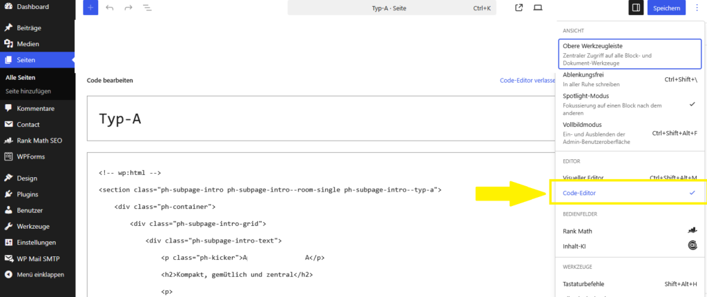 Homepage Code-Editor WordPress Gutenberg