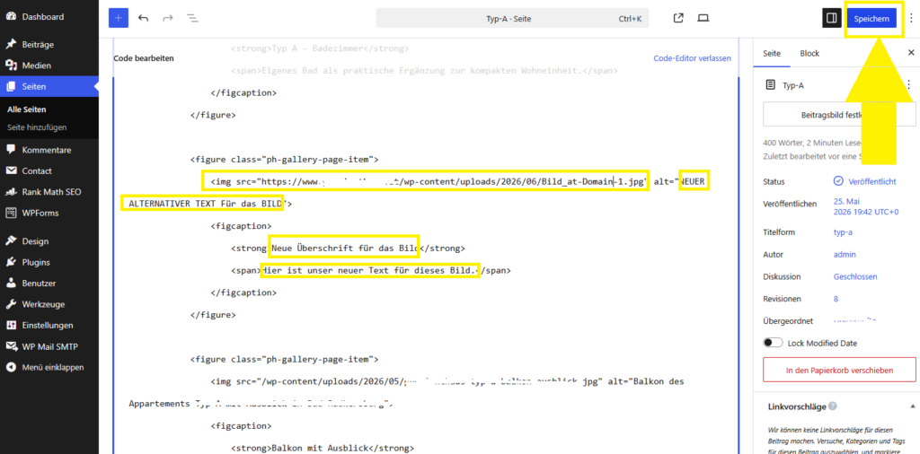 Speichern der Änderungen in WordPress