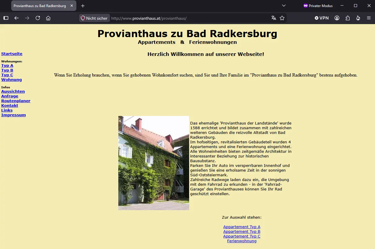 Frühere Website des Provianthauses vor dem Relaunch
