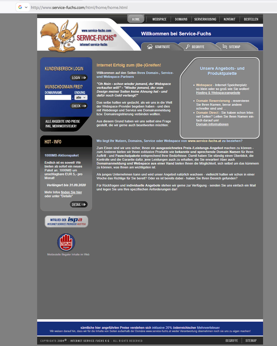 Frühere Website von Service Fuchs vor dem Relaunch